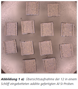 Abbildung 1 a) Übersichtsaufnahme der 12 in einem Schliff eingebetteten additiv gefertigten Al-Si-Proben.